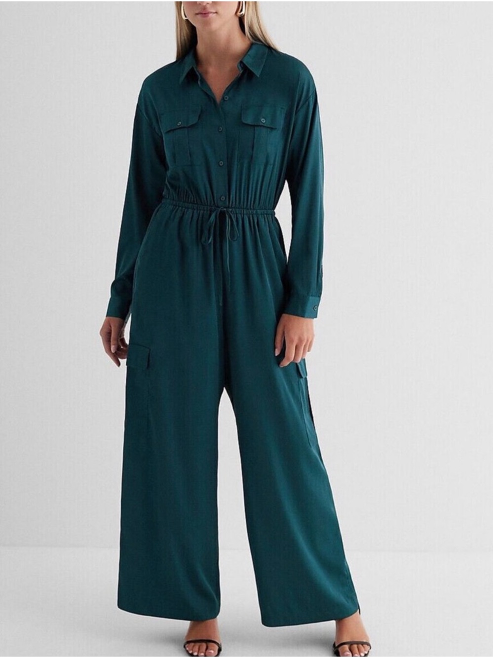 NWT Express Deep Teal Green Button Tie Waist Wide Leg Satin
Cargo Jumpsuit small